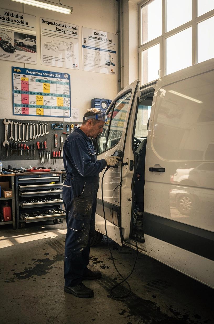 Mechanik vykonáva kontrolu a údržbu firemnej dodávky v autoservise, s dôrazom na preventívny plán a evidenciu výpadkov vozidla.